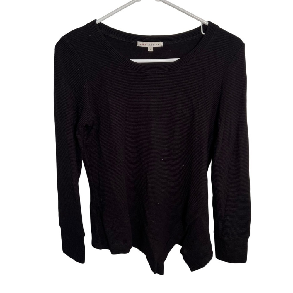 Red Haute‎ Women's Size Medium Crewneck Sweater Ribbed Black Asymmetric Hem